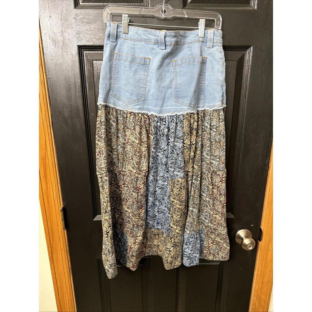 Gypsy Rose Denim & Patchwork Tiered Midi Skirt S/M Boho Cowgirl Festival Flowy - Picture 6 of 6